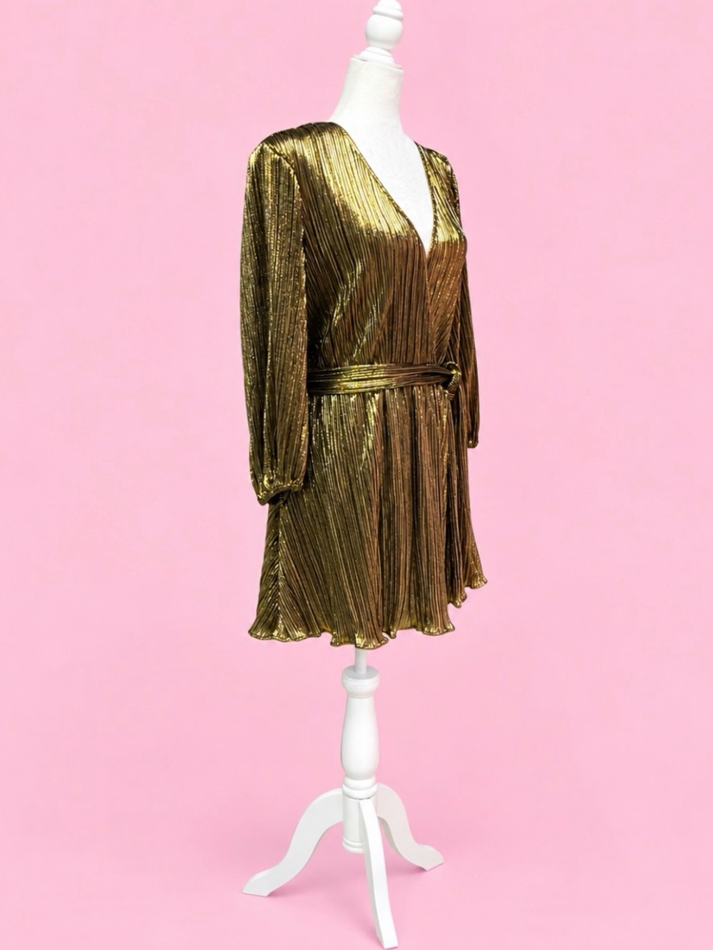 β¨ Bardot Metallic Gold Pleated Wrap Dress β¨ - Picture 6 of 6